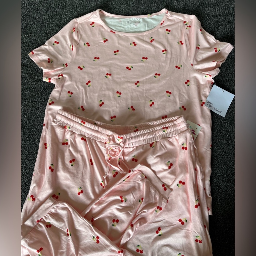 Cherry Print Medium Pajama Set Two Piece, Shirt And Pants